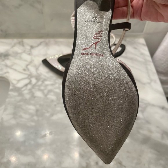 Rene Caovilla Asymmetric Satin Sling Back in Black & White - Picture 5 of 7